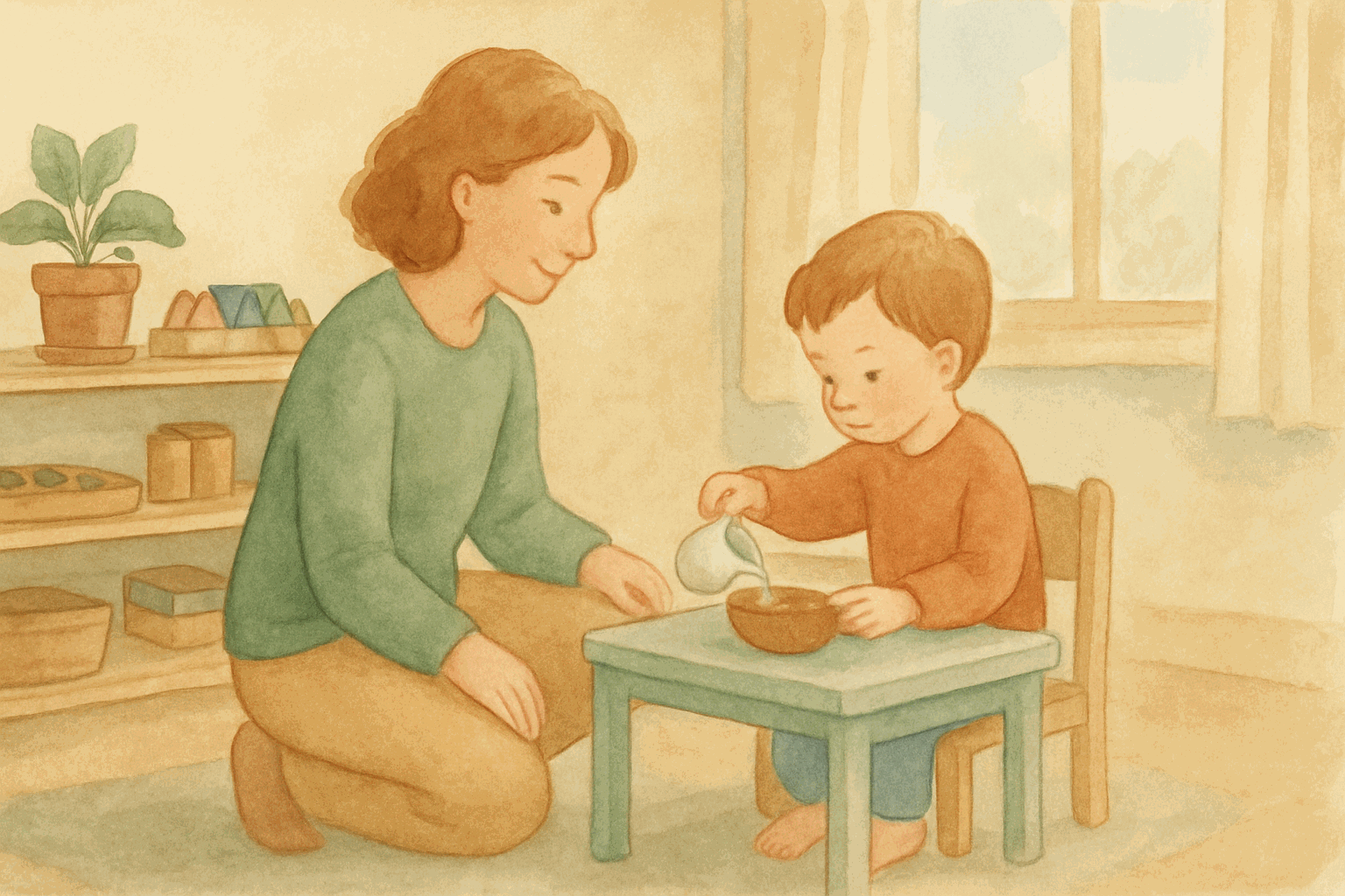 A parent kneeling beside a young child in a calm Montessori home, watercolor illustration