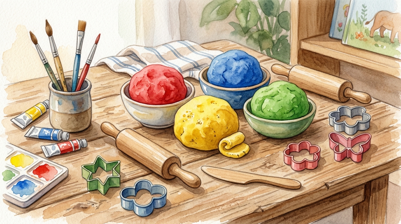 Watercolor illustration of colorful play dough and art supplies for children