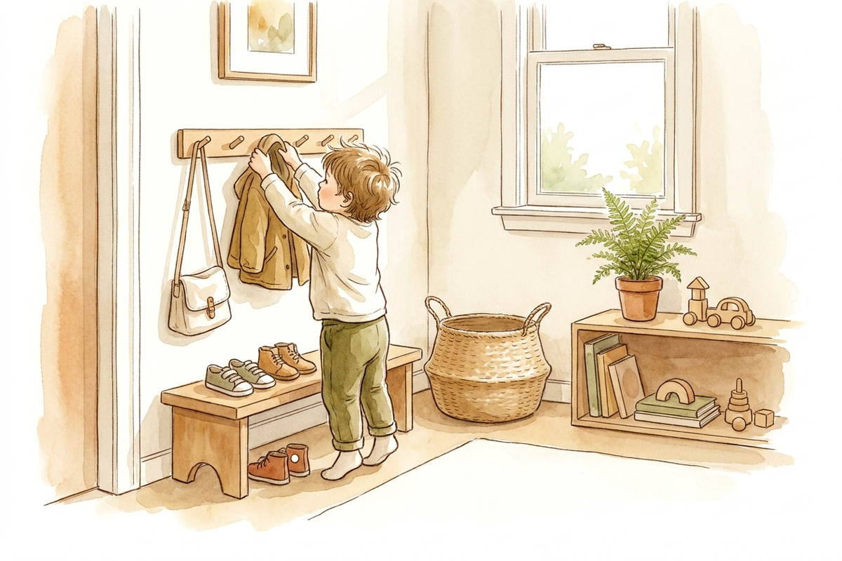 A young child hanging a coat on a low peg in a tidy Montessori entryway