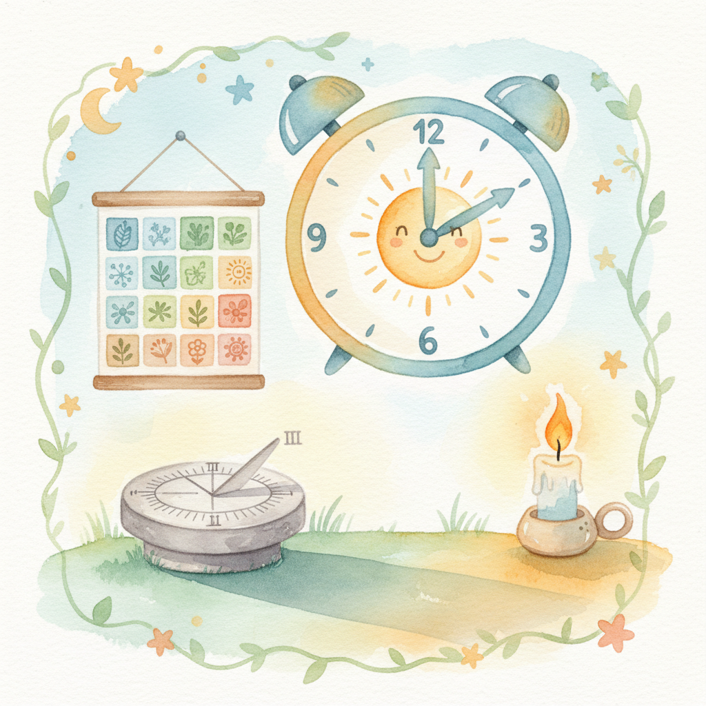 Watercolor illustration of an analog clock, a colorful wall calendar, a sundial casting a shadow, and a candle clock