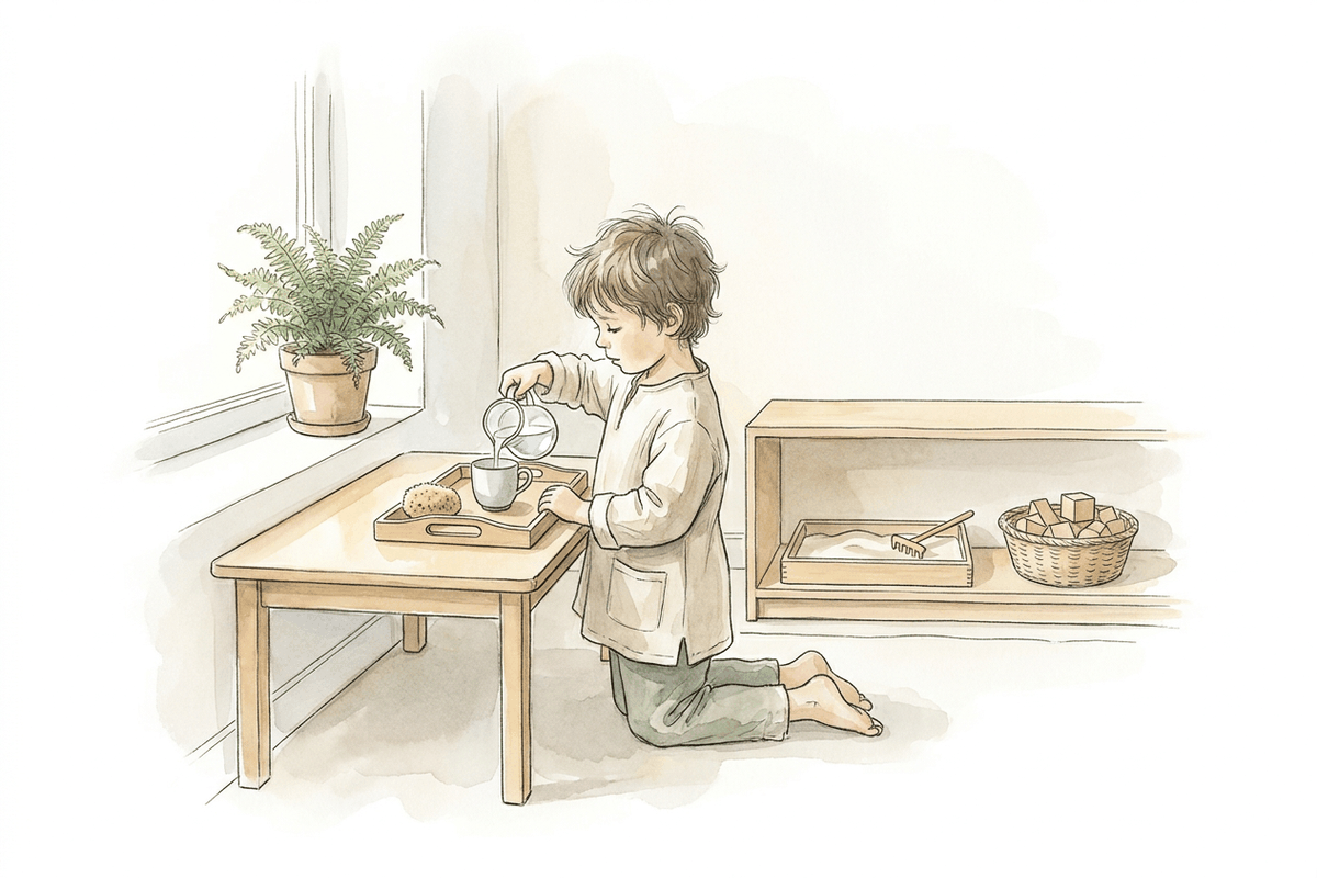Watercolor illustration of a young child kneeling at a low table, absorbed in pouring water from a small pitcher into a cup on a tray, with a sand tray and a basket of blocks on a low shelf nearby