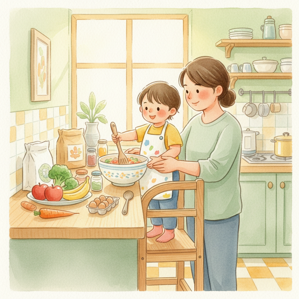 Parent and child cooking together in a bright kitchen — watercolor illustration