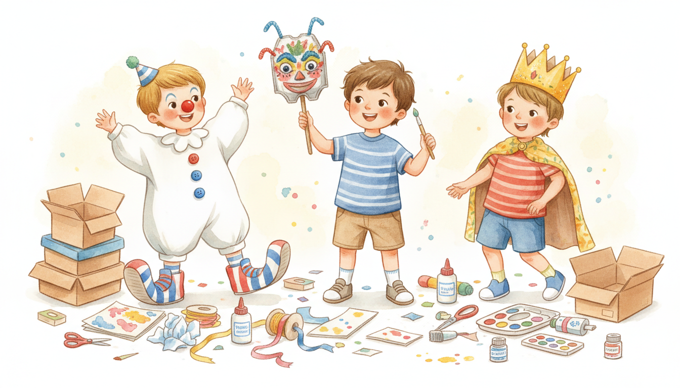 Cheerful watercolor of young children in homemade costumes — a clown with shoe-box shoes, a child holding an egg-carton mask, and a child in a paper crown — surrounded by craft supplies