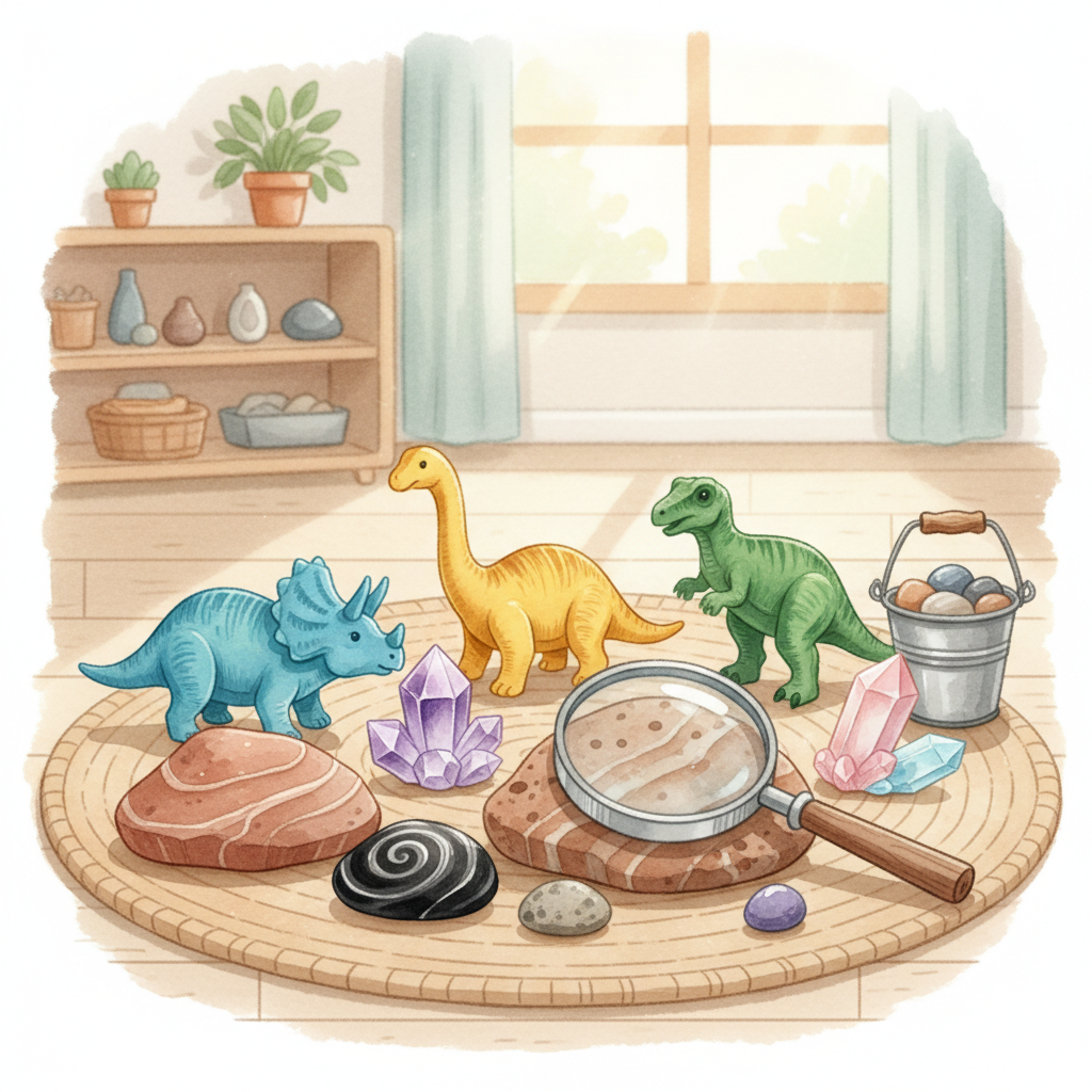 Watercolor illustration of toy dinosaurs, colorful rocks, crystals, and a magnifying glass — a Montessori dinosaurs and rocks exploration scene