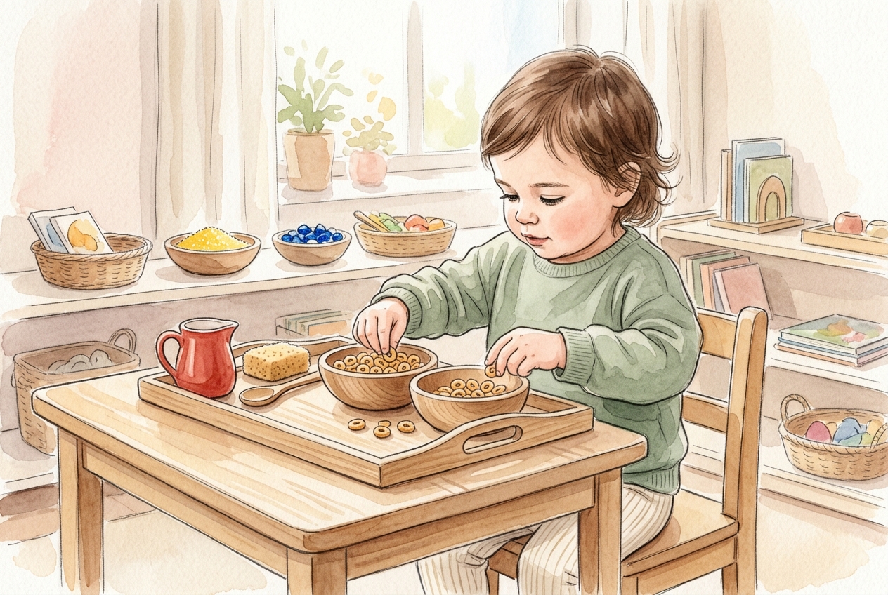 Watercolor illustration of a toddler engaged in early Montessori practical life activities — transferring cereal between wooden bowls