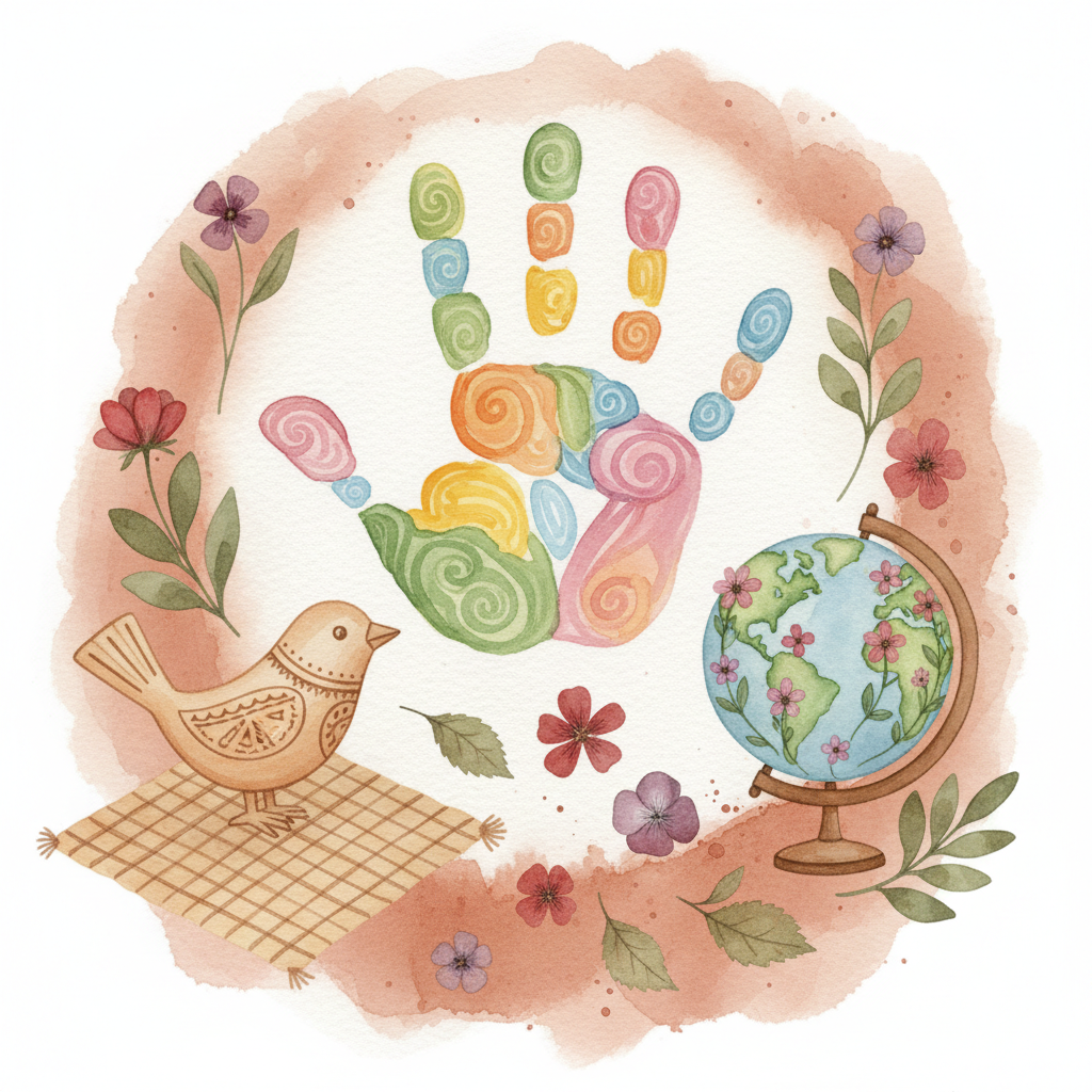 Watercolor illustration of hand print art, a globe decorated with flowers, pressed flowers, and a carved wooden object — celebrating Earth Day and folk art