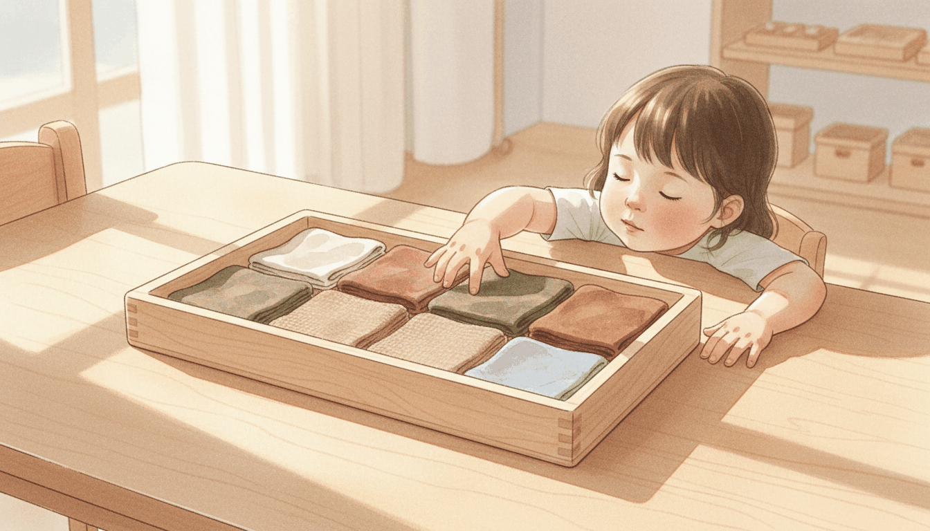 Montessori Fabric Box — a shallow wooden box of folded fabric swatches in silk, velvet, corduroy, burlap, linen and wool on a sunlit wooden table, a young child's hand reaching in to feel a swatch with eyes closed