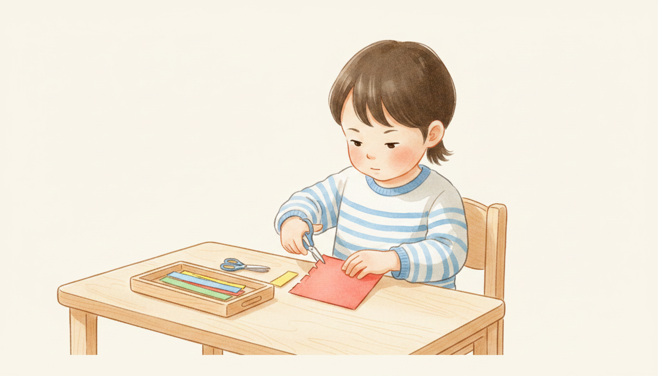 A young child sitting at a wooden Montessori table, carefully fringing and cutting a strip of colored paper with small safety scissors, a tray of paper strips beside them