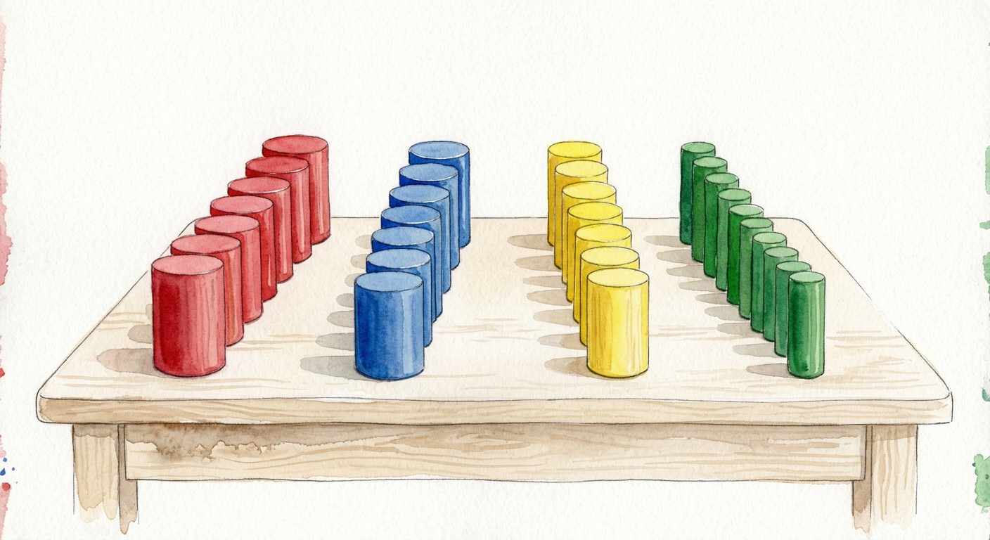Montessori Knobless Cylinders in yellow, green, red, and blue sets