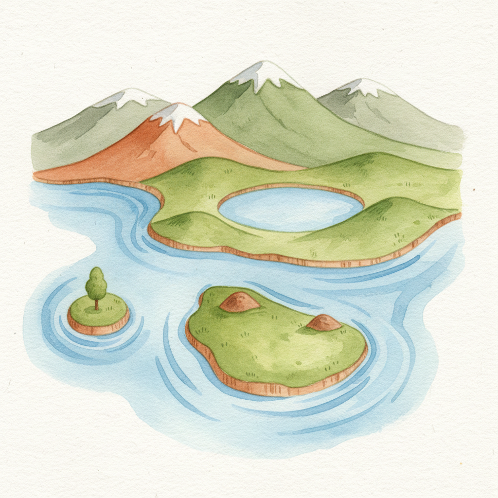 Watercolor bird's-eye view landscape showing a peninsula, bay, island, mountains, and lake — a Montessori geography illustration