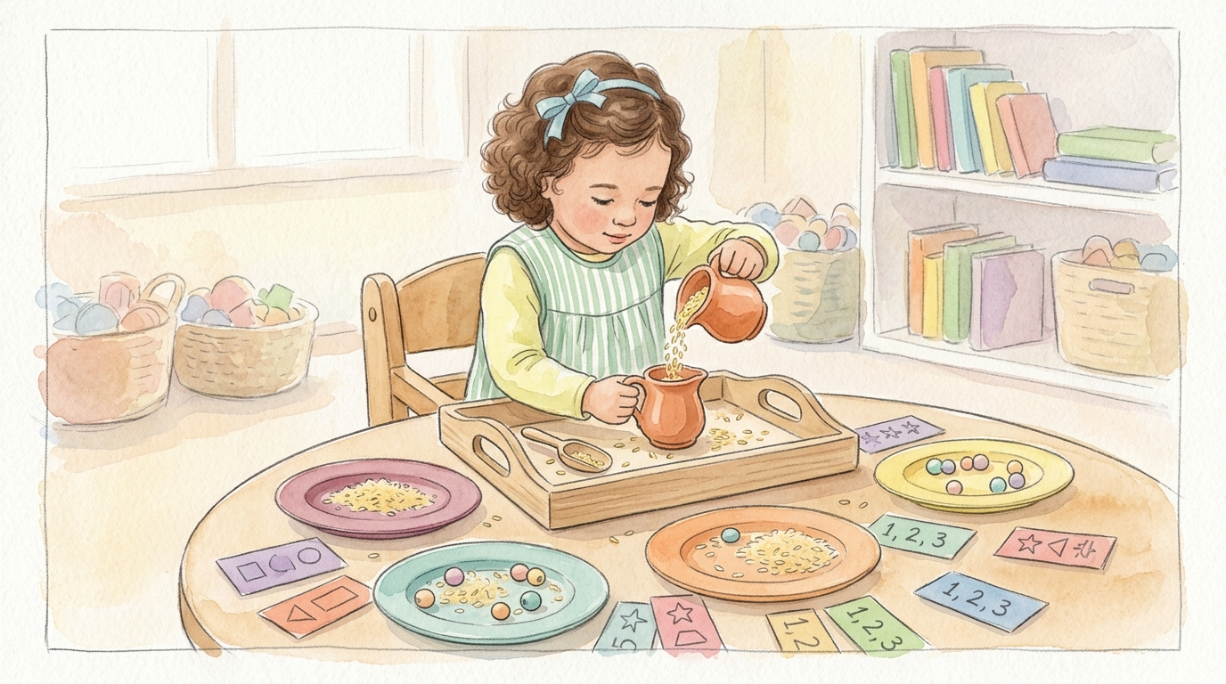 Watercolor illustration of a child pouring rice between small pitchers on a tray, with colorful paper plates and colored tickets spread nearby