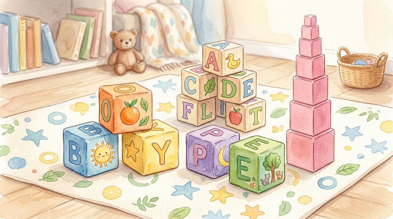 Watercolor illustration of colorful soft fabric blocks, wooden alphabet cubes, and a pink tower arranged on a child's play mat