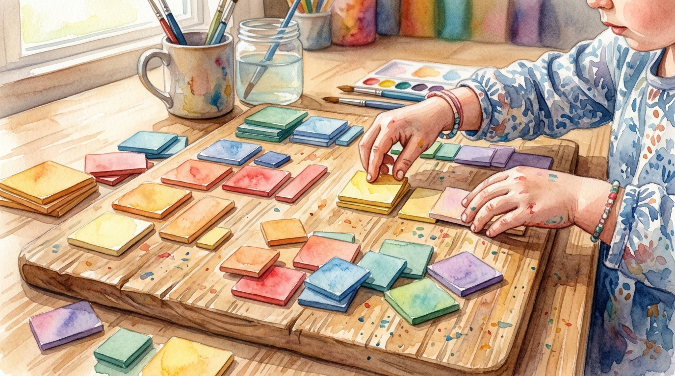 Watercolor illustration of colorful squares and rectangles arranged on a Montessori work mat with a child's hands sorting shapes