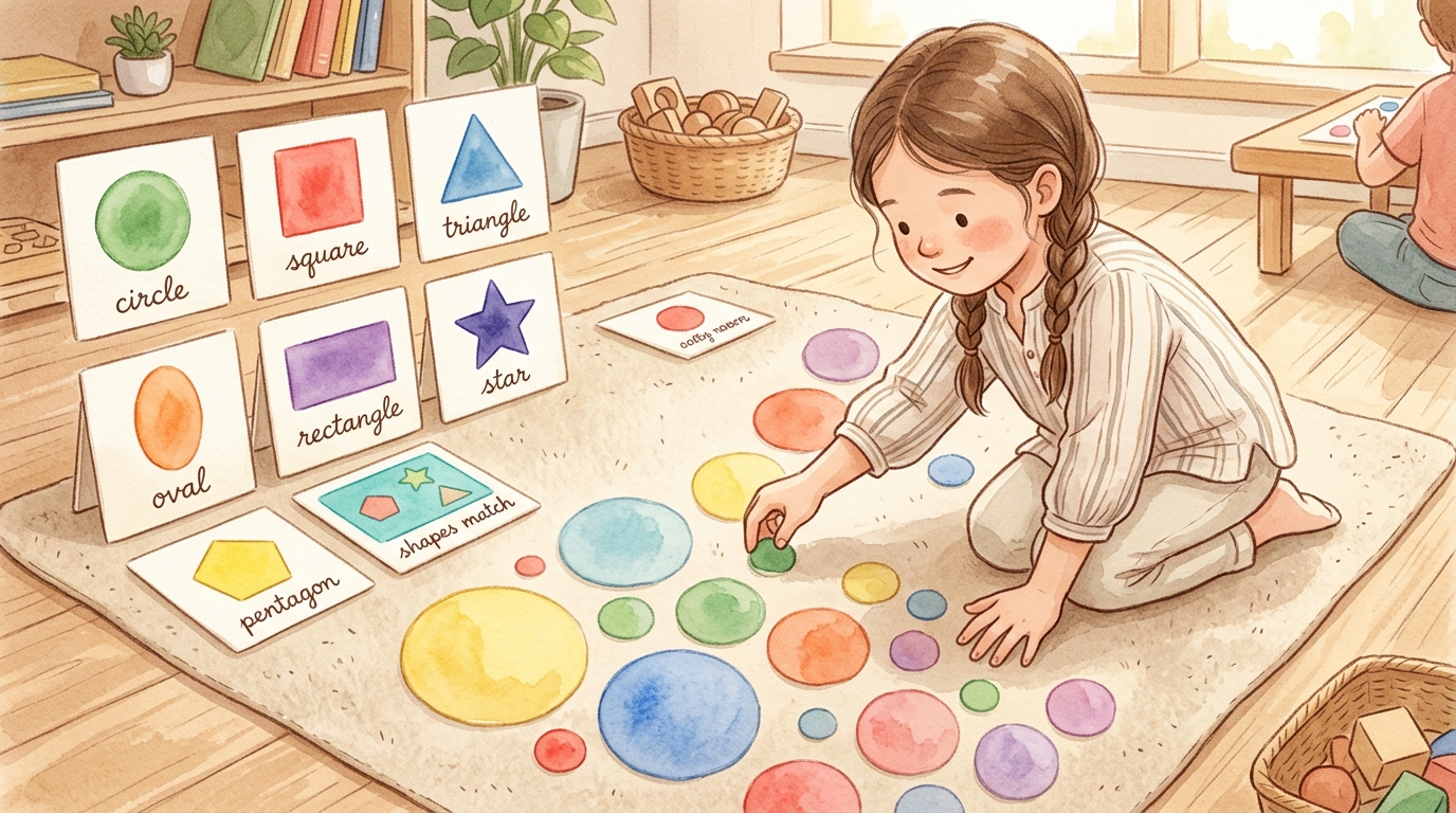 Watercolor illustration of colorful circles in various sizes arranged on a Montessori work mat with geometric cabinet cards