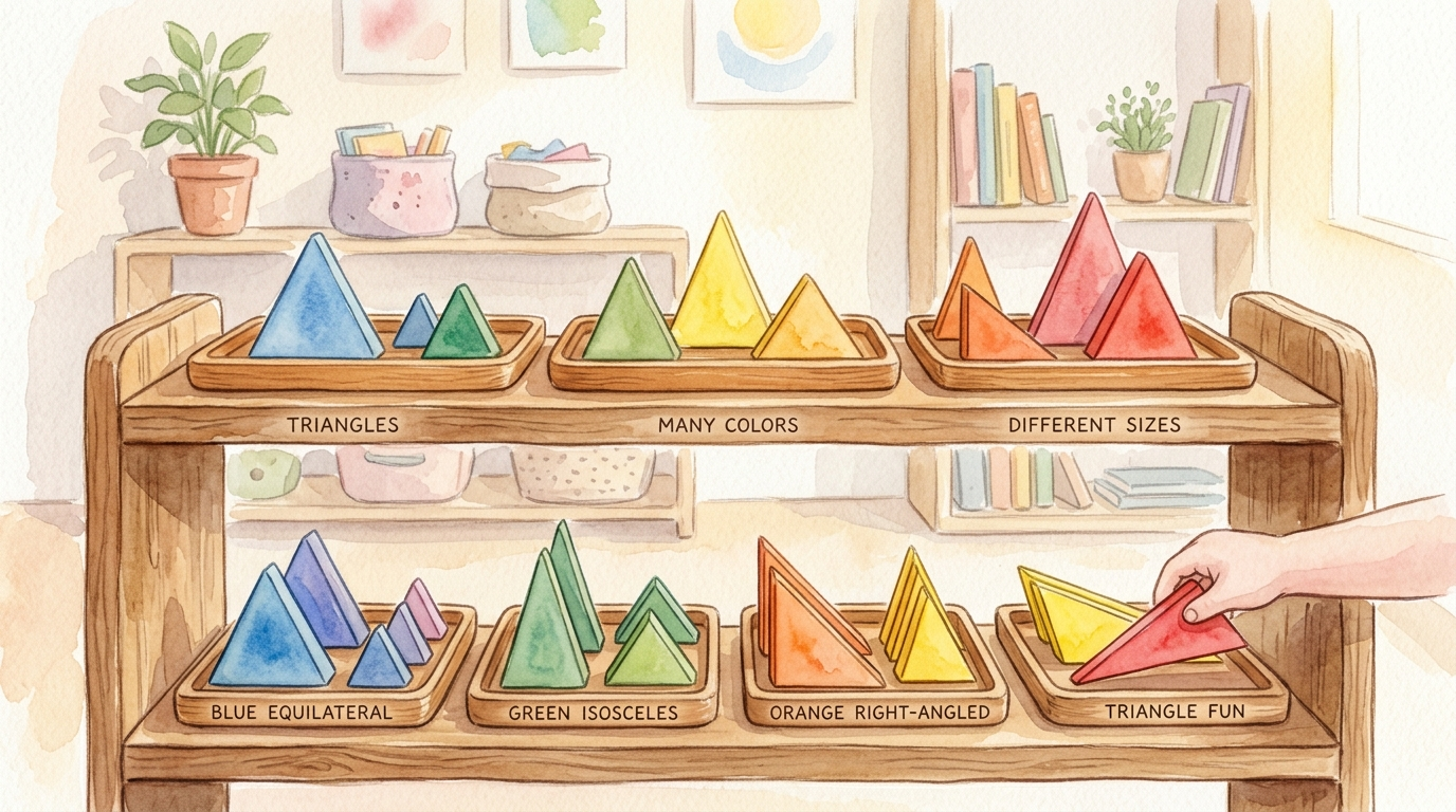 Watercolor illustration of colorful triangles in various sizes and types arranged on a wooden Montessori shelf