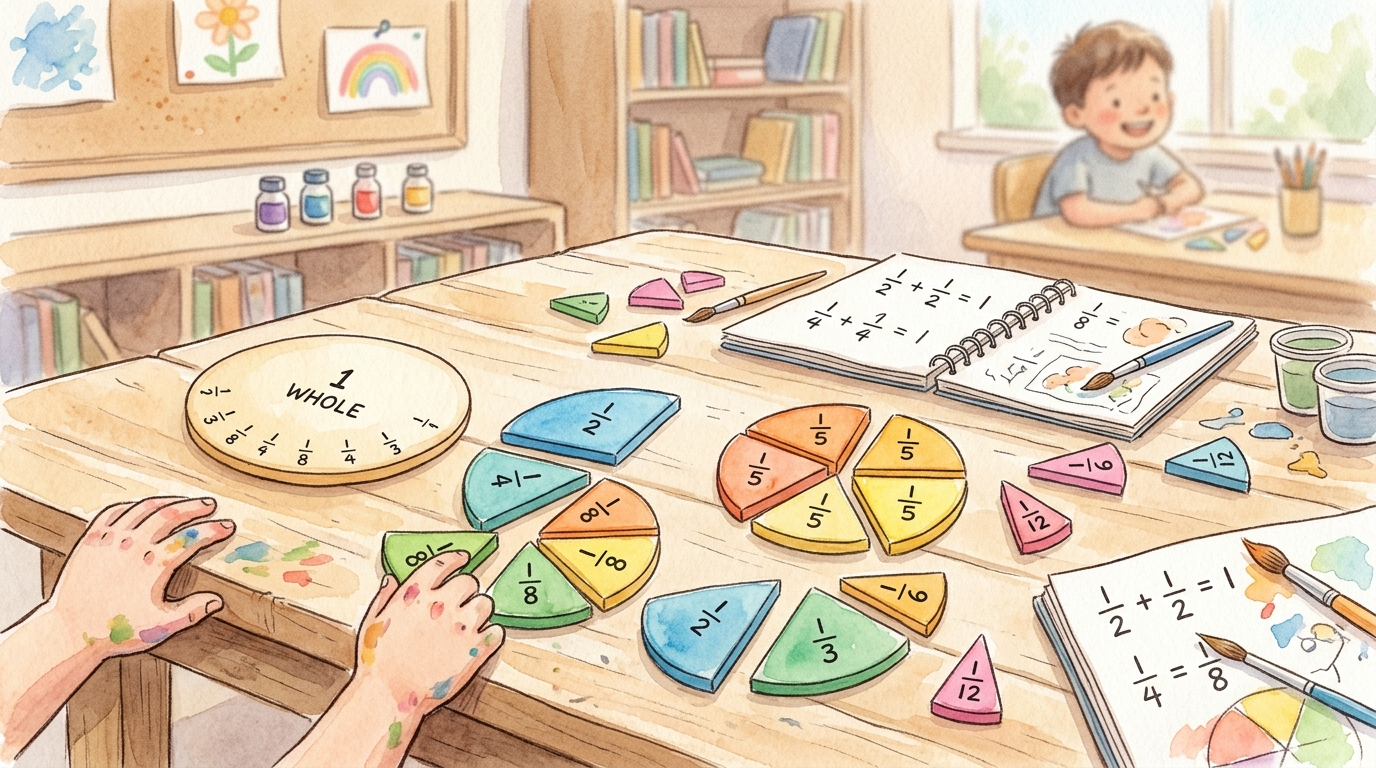 Watercolor illustration of colorful pie-shaped fraction pieces arranged on a table with a whole circle nearby