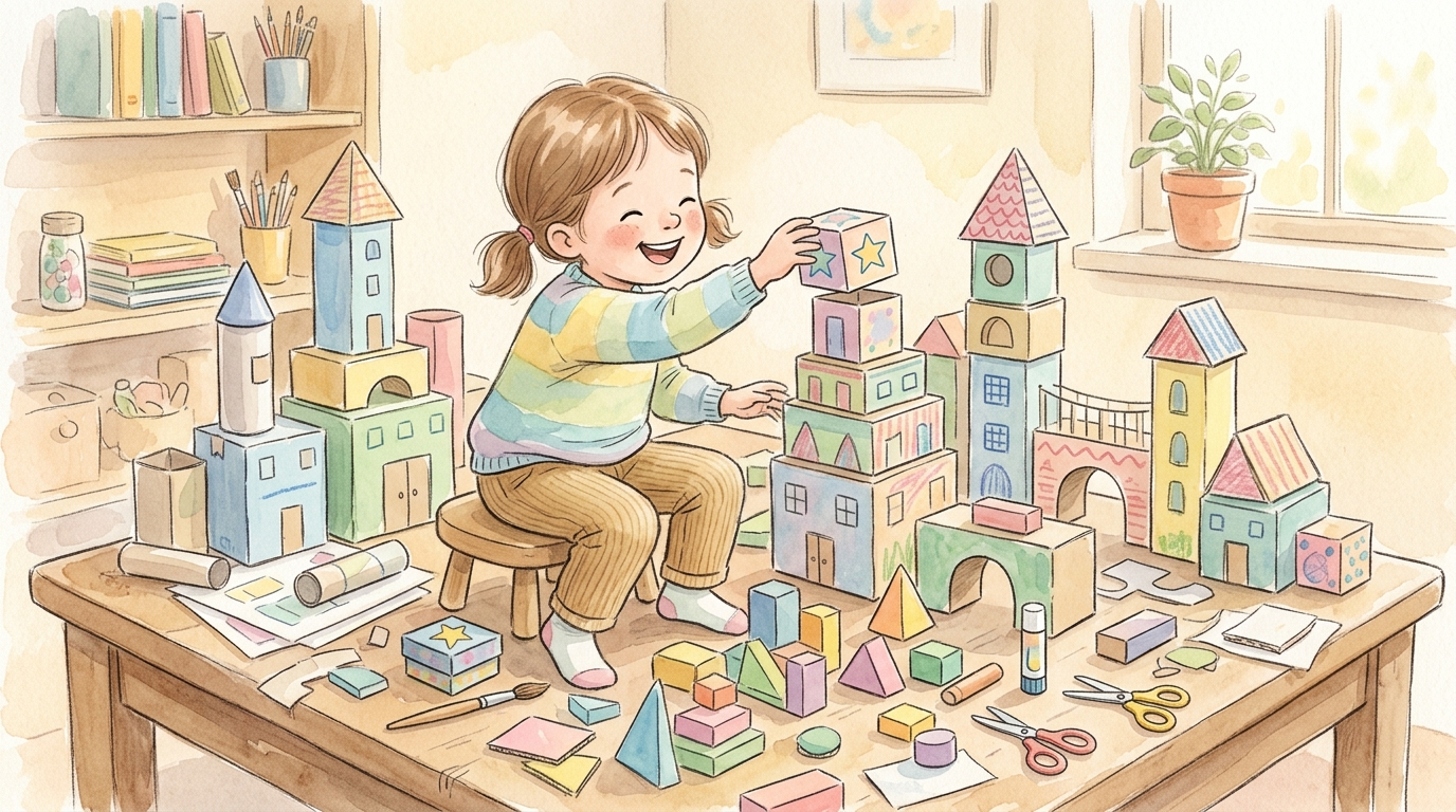 Watercolor illustration of a child building a colorful city from cardboard boxes, geometric shapes scattered around on a table