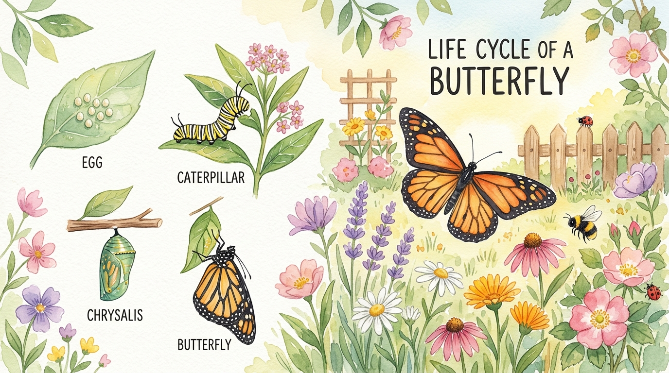 Watercolor illustration of a butterfly life cycle showing egg, caterpillar, chrysalis, and colorful butterfly among garden flowers
