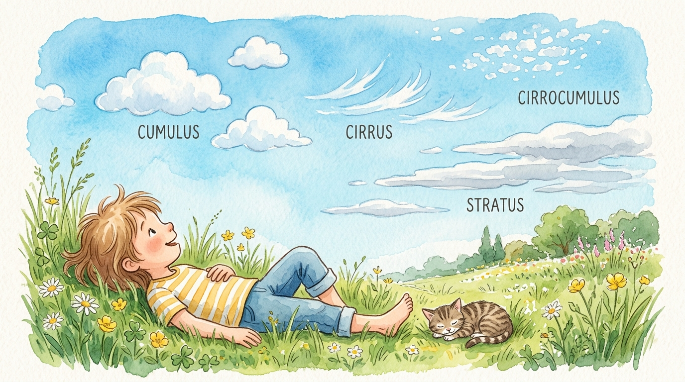 Watercolor illustration of a child lying in a green meadow looking up at different types of clouds in a blue sky
