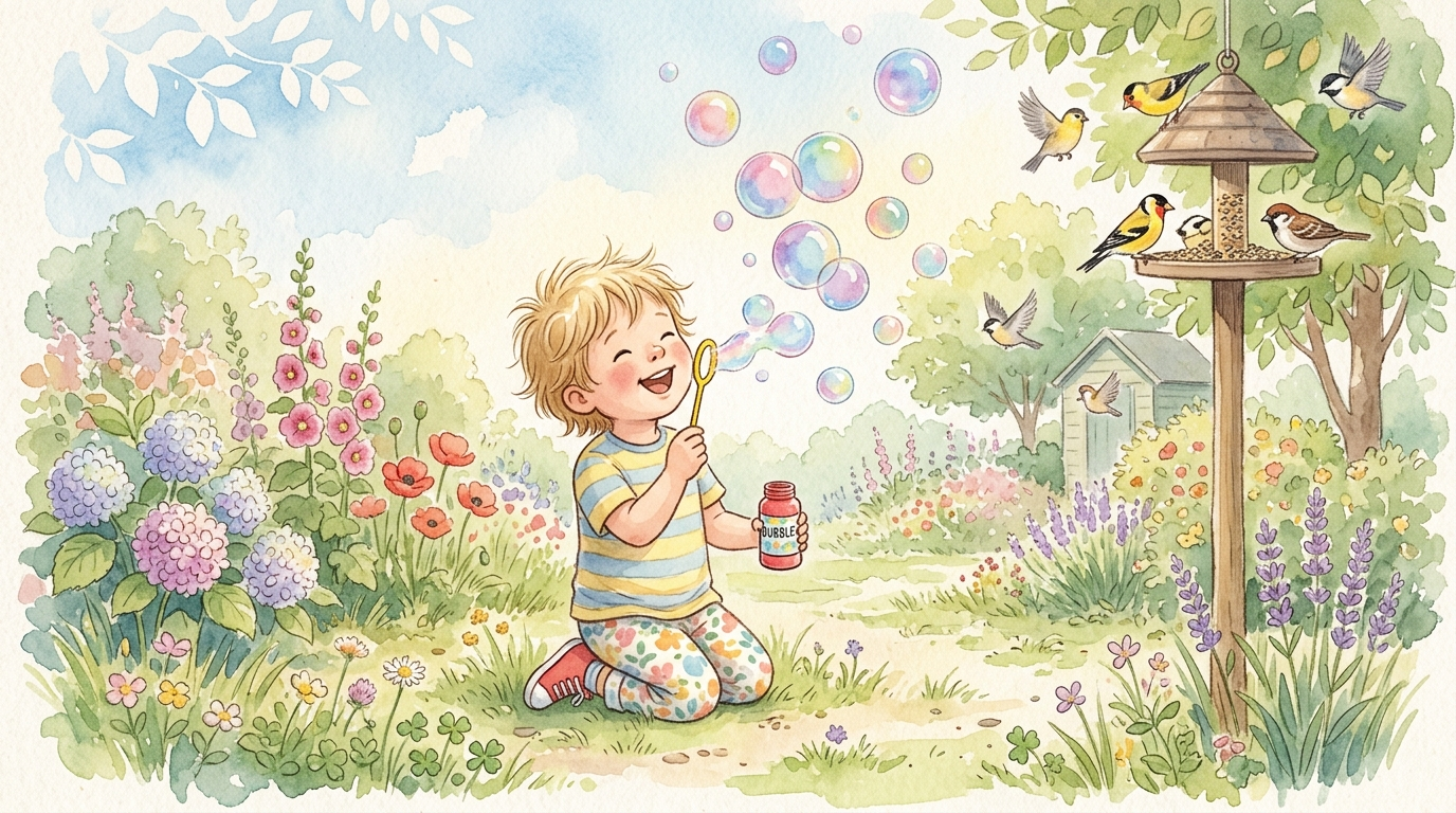 Watercolor illustration of a child blowing colorful bubbles in a garden with birds at a feeder in the background