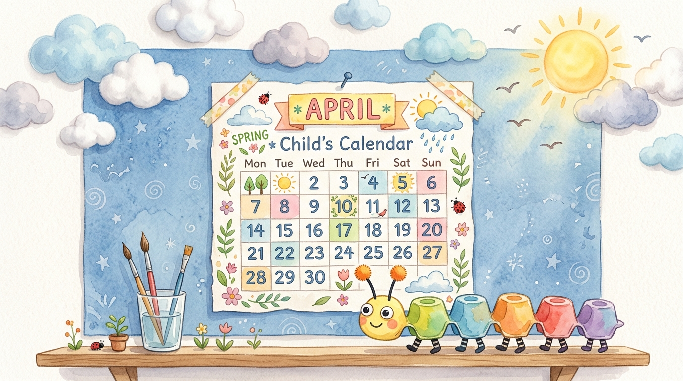 Watercolor illustration of a child's calendar, fluffy cotton ball clouds on blue paper, and a colorful egg carton caterpillar