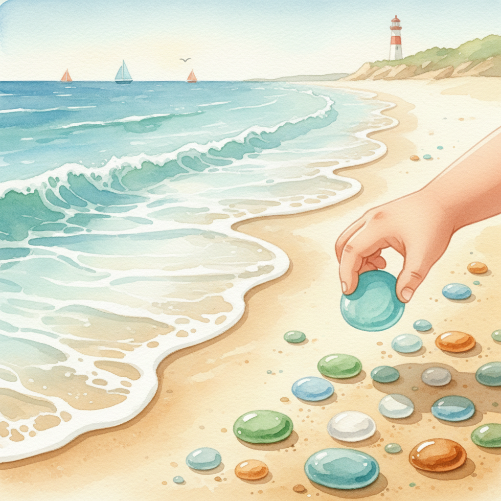Watercolor illustration of colorful sea glass pieces on a sandy beach with gentle ocean waves