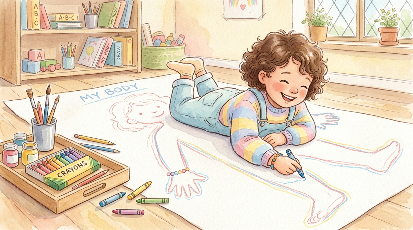 Watercolor illustration of a happy child tracing their body on a large piece of paper with crayons and art supplies nearby