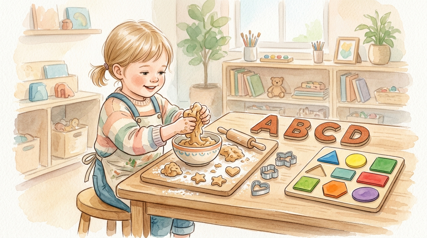 Watercolor illustration of a child making peanut butter playdough alongside sandpaper letters and geometric shape puzzles