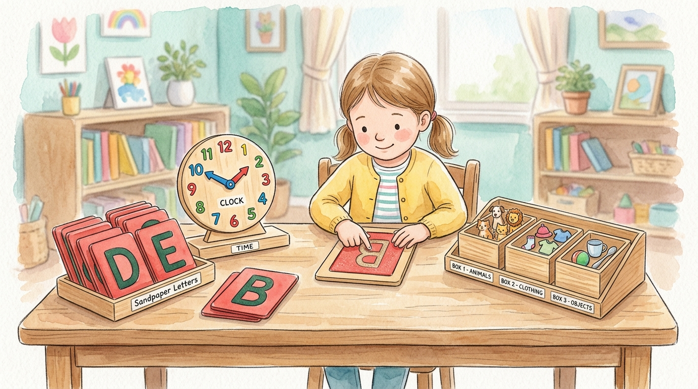 Watercolor illustration of a child's learning table with sandpaper letters, a wooden clock, and small reading objects in labeled boxes