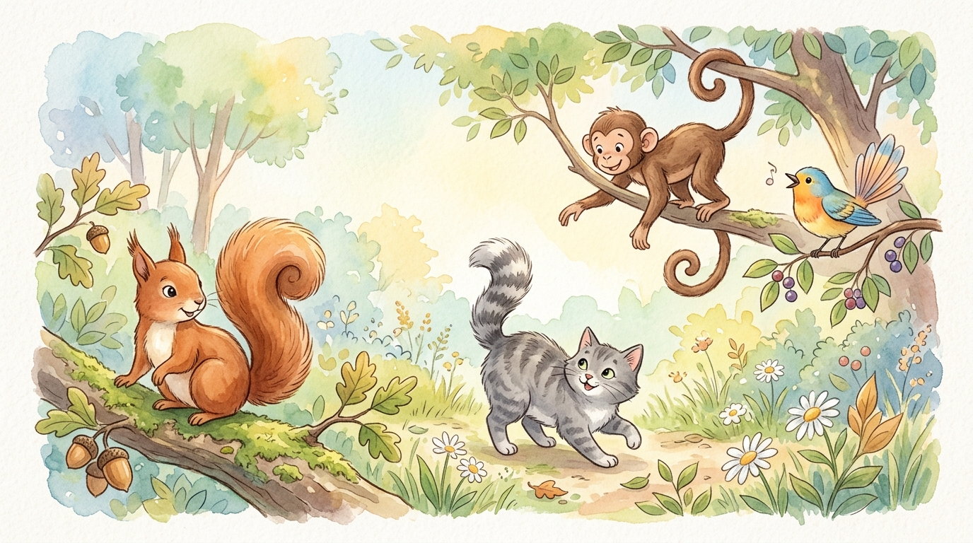 Watercolor illustration of various animals showing their tails — a squirrel, cat, monkey, and bird in a nature setting