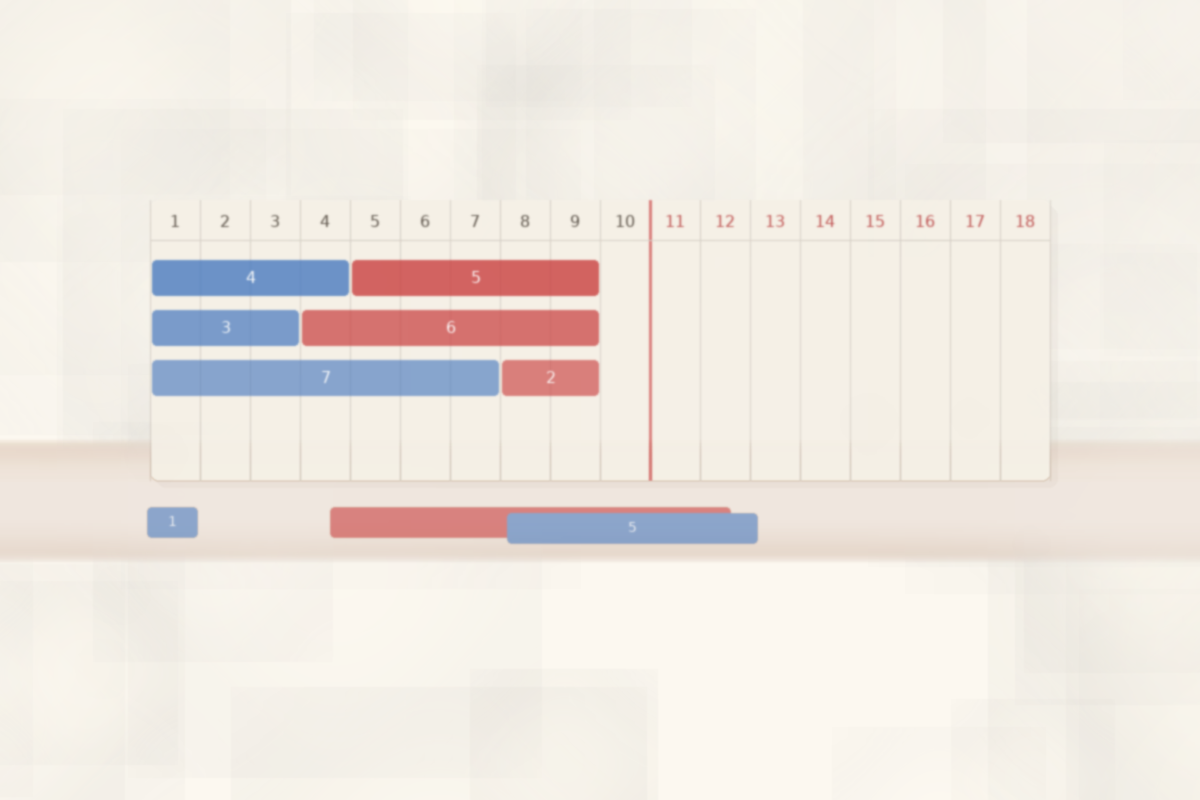 Watercolor illustration of a Montessori Addition Strip Board with blue and red numbered strips laid across a ruled board showing addition combinations, on a warm wooden table