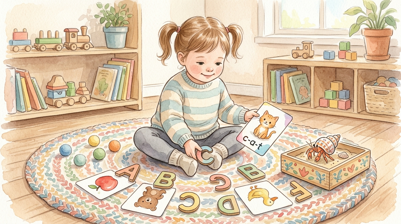 Watercolor illustration of a child matching letters to objects on a Montessori rug, with colorful balls and a hermit crab nearby