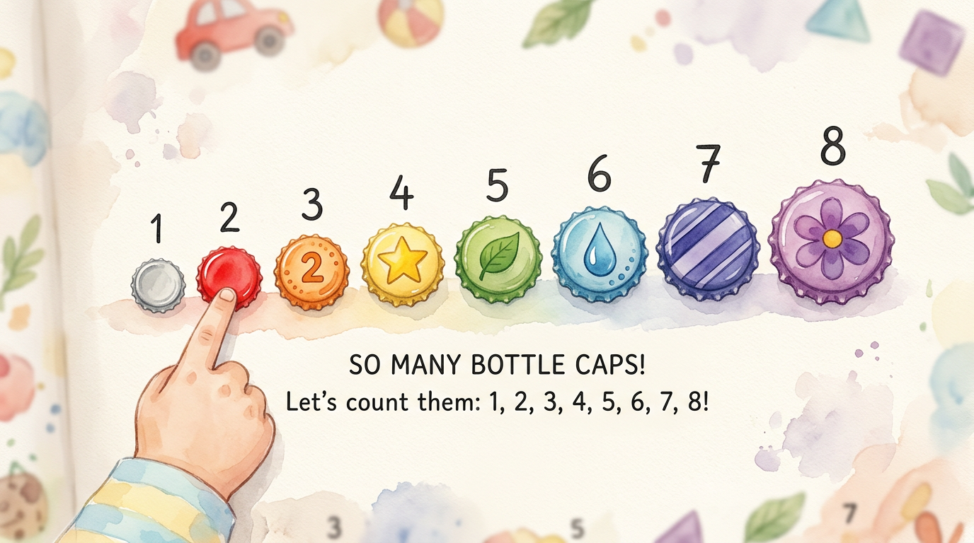 Watercolor illustration of colorful bottle caps arranged in a row from smallest to largest with a child's hand pointing to count them