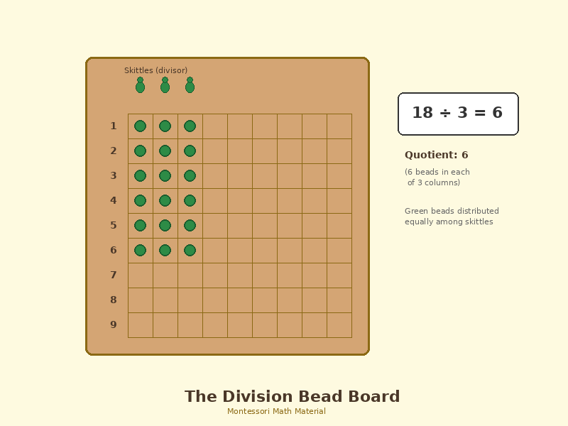 The Division Bead Board — Montessori math material showing green beads distributed equally among skittles on a wooden board