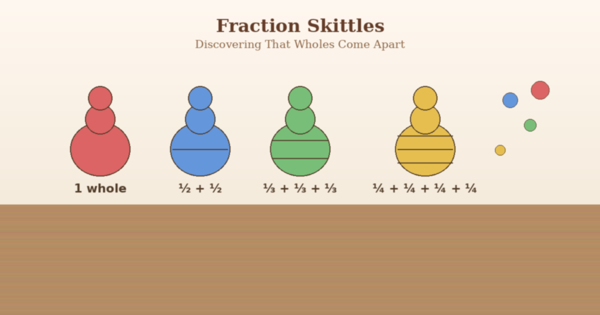 Watercolor illustration of colorful Montessori Fraction Skittles in soft pastel tones — a whole red skittle, a blue skittle split into halves, a green skittle in thirds, and a yellow skittle in quarters — arranged on a warm wooden table with gentle natural light