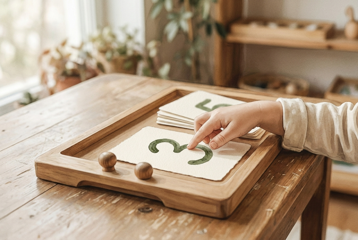 Watercolor illustration of Montessori Sandpaper Numbers — green wooden boards with numerals 0 through 9 cut from sandpaper