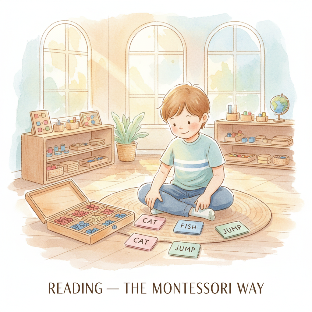 Watercolor illustration of a young child sitting on a mat working with pink, blue, and green Montessori reading cards, with a moveable alphabet box nearby