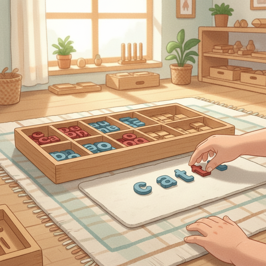 Watercolor illustration of a child working with a Montessori Moveable Alphabet on a work rug