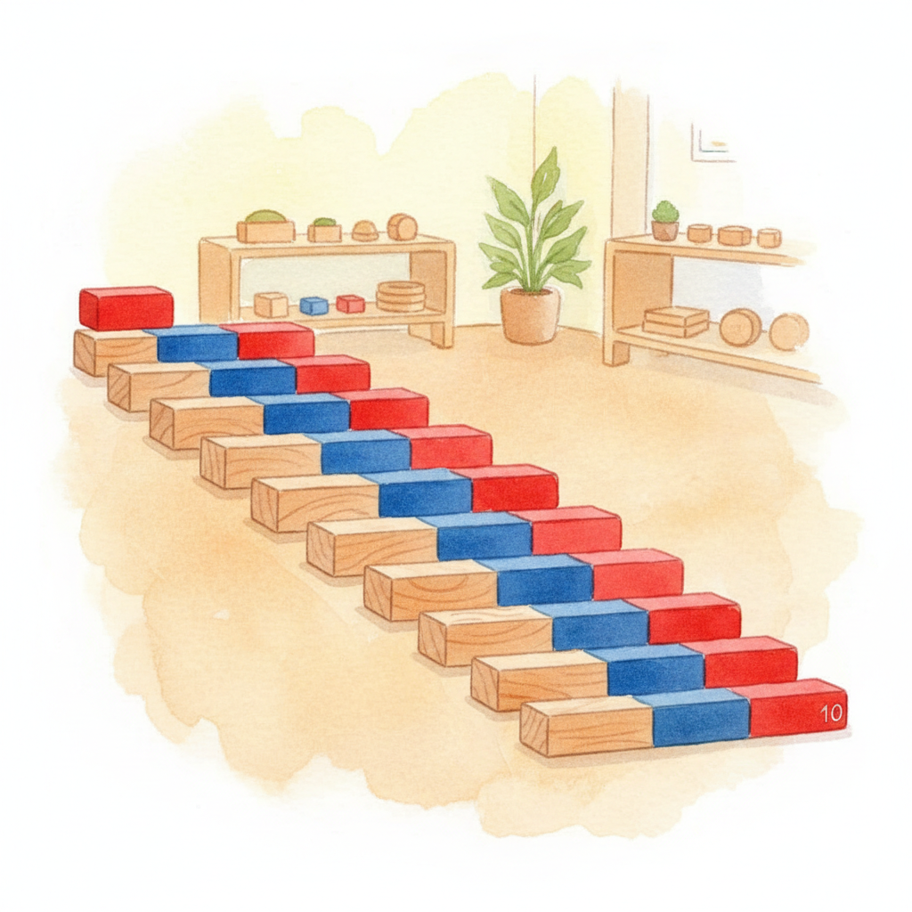 Watercolor illustration of Montessori Number Rods arranged in a stair pattern with alternating red and blue sections