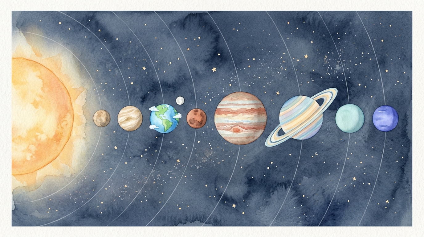 Watercolor illustration of the sun with the eight planets in orbit and a scatter of stars