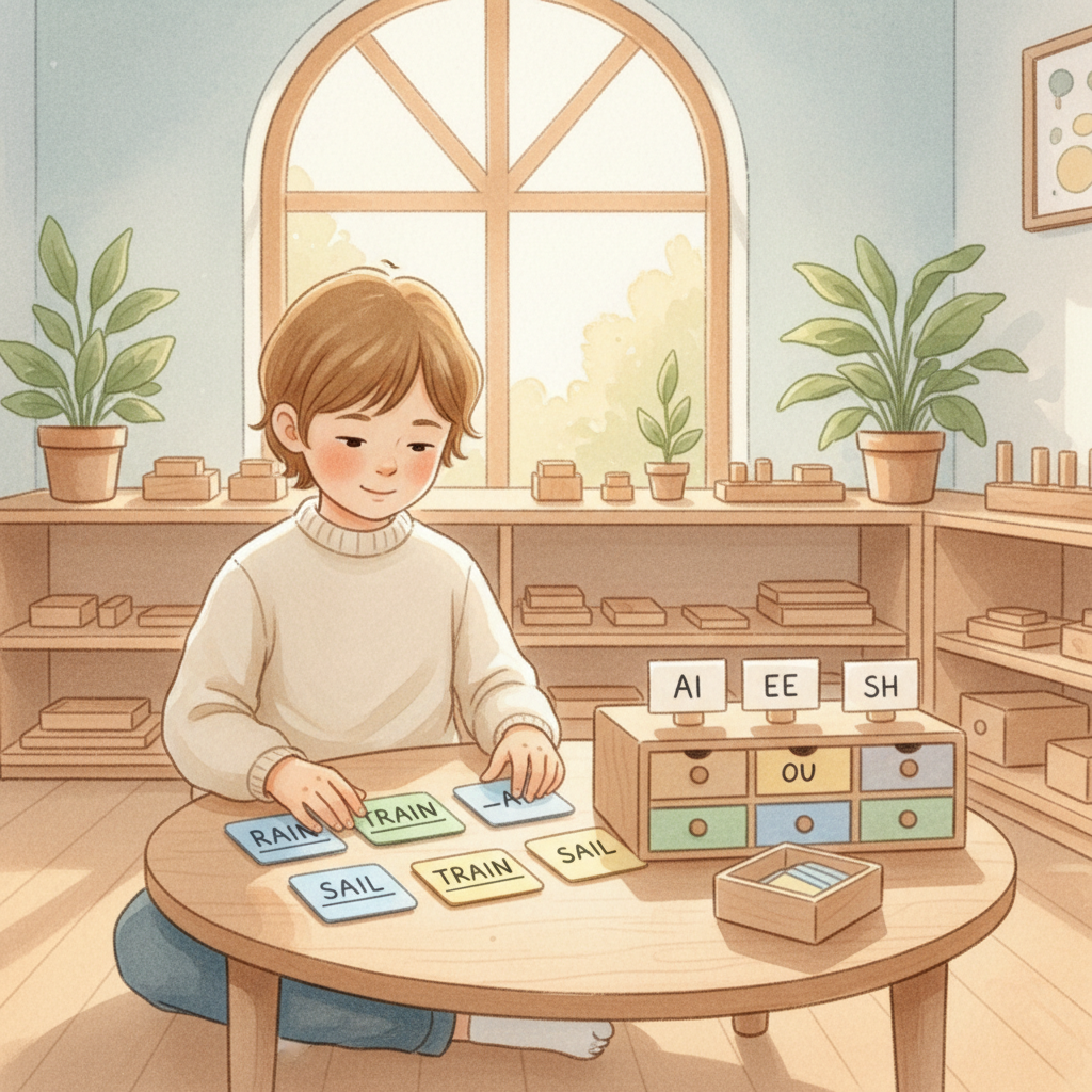 Watercolor illustration of a young child sorting colorful phonogram word cards into labeled boxes at a Montessori classroom table