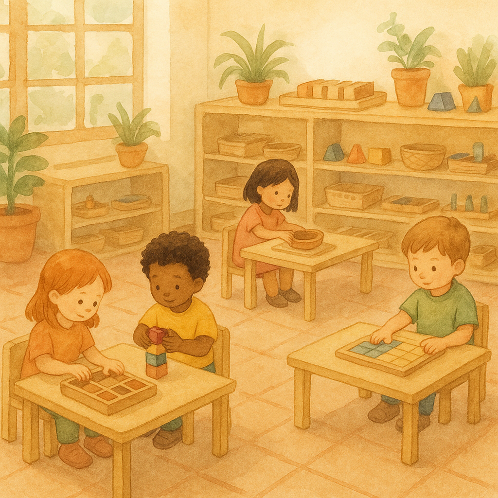 A Montessori play group: preschool children working together with natural materials in a sunlit prepared environment