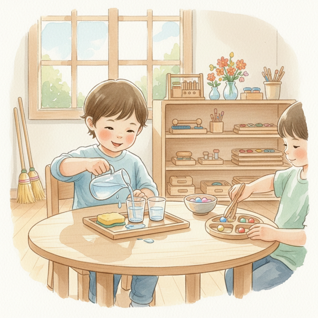 Watercolor illustration of a child engaged in Montessori practical life activities including pouring and transfer work