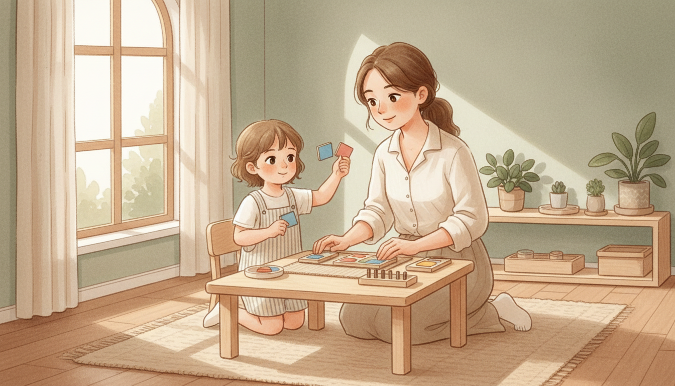A kind adult kneeling beside a young child at a Montessori table, warmly acknowledging the child's completed color-tablet work