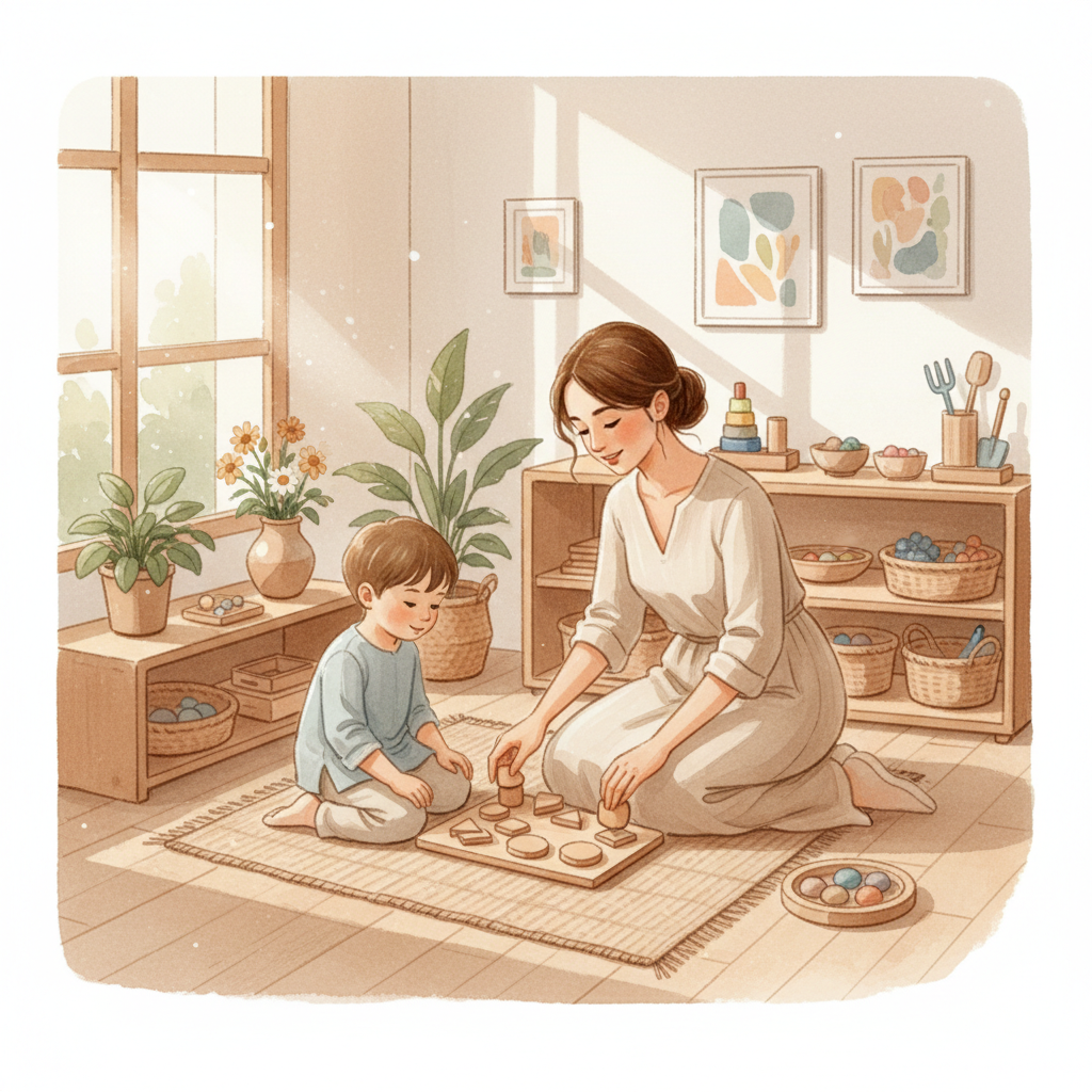 A Montessori teacher gently presenting a hands-on material to a young child at a low shelf