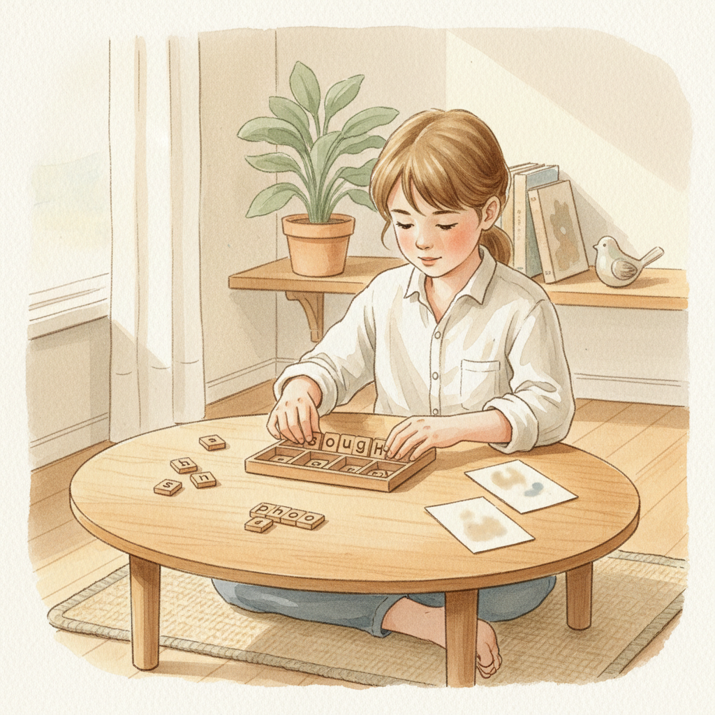 Child building phonogram and digraph words with the Montessori movable alphabet