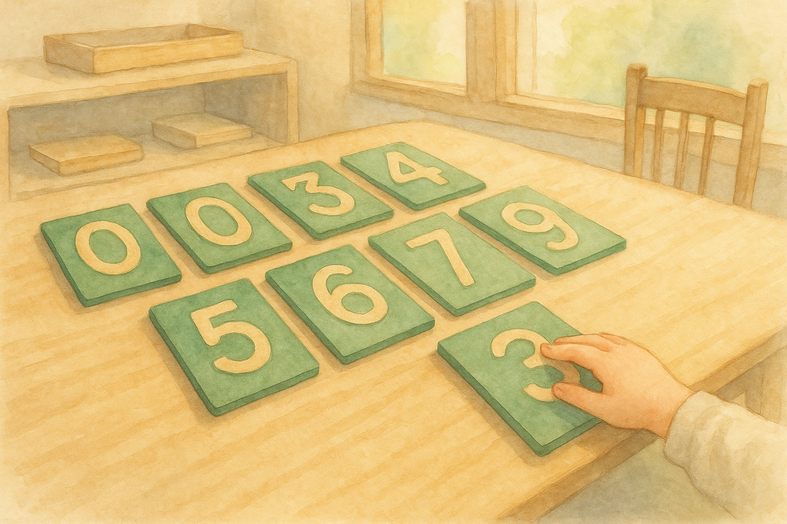 Montessori Sandpaper Numerals — a set of green boards each showing a single numeral 0 to 9 cut from rough sandpaper, arranged on a sunlit wooden table, with a child's hand tracing the numeral 3 with two fingers