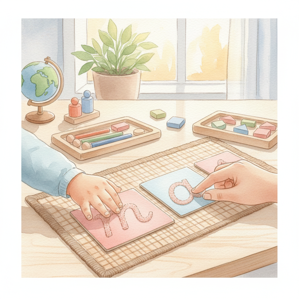 Child tracing Montessori sandpaper letters