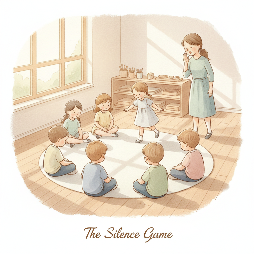 Watercolor illustration of young children sitting peacefully in a circle during the Montessori Silence Game, with a teacher softly calling names from the back of the room