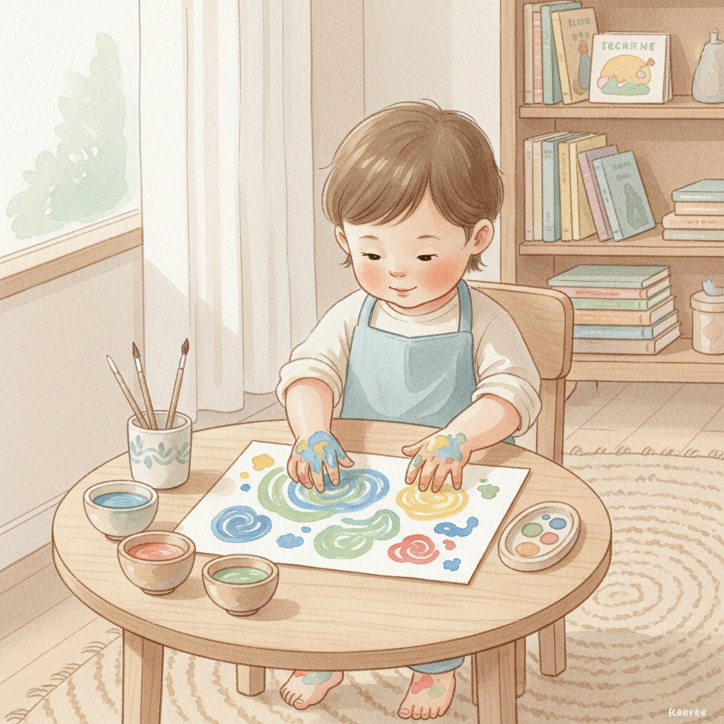 A young child finger-painting with colorful homemade paints at a small table